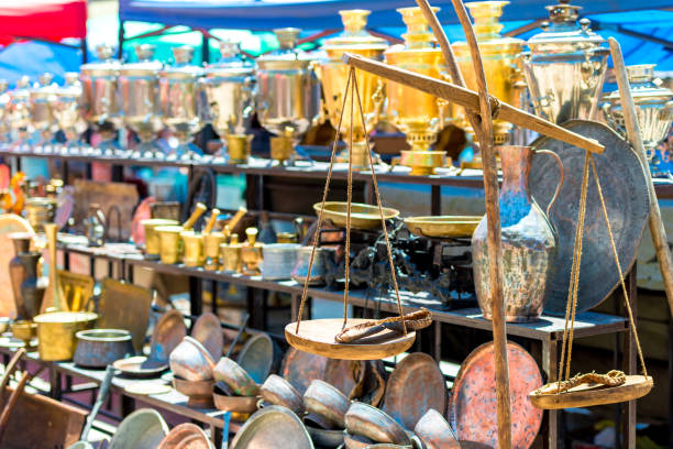 metallic and copper stuff sold as a souvenir or antiques vintage on a market in Armenia
