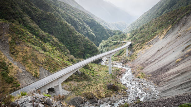 istock Highway winding through green mountain valley 1253162648