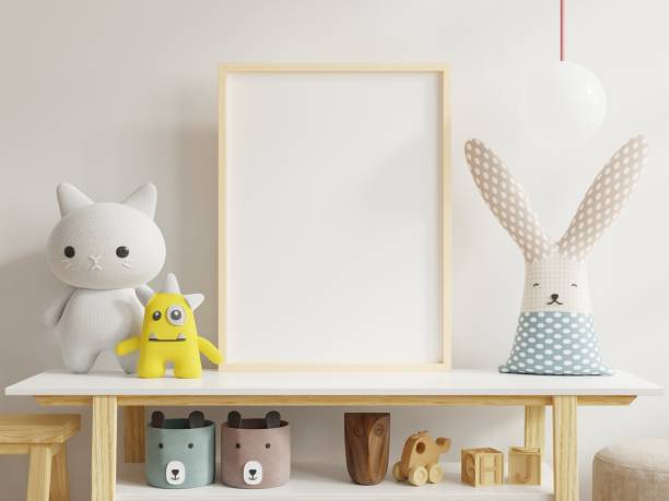 istock Mock up posters in child room interior, posters on empty white wall background. 1253163377