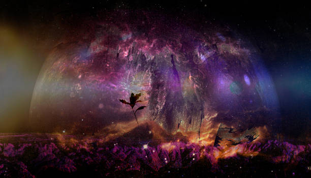 istock Beautiful multicolor landscape of an alien planet with a tree sprout. Elements of this image furnished by NASA. 1253166951