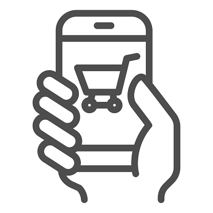 Hand with smartphone line icon, shopping concept, mobile payment through phone sign on white background, Supermarket online shopping mobile phone with credit card icon in outline style