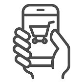 istock Hand with smartphone line icon, shopping concept, mobile payment through phone sign on white background, Supermarket online shopping mobile phone with credit card icon in outline style. 1253173029