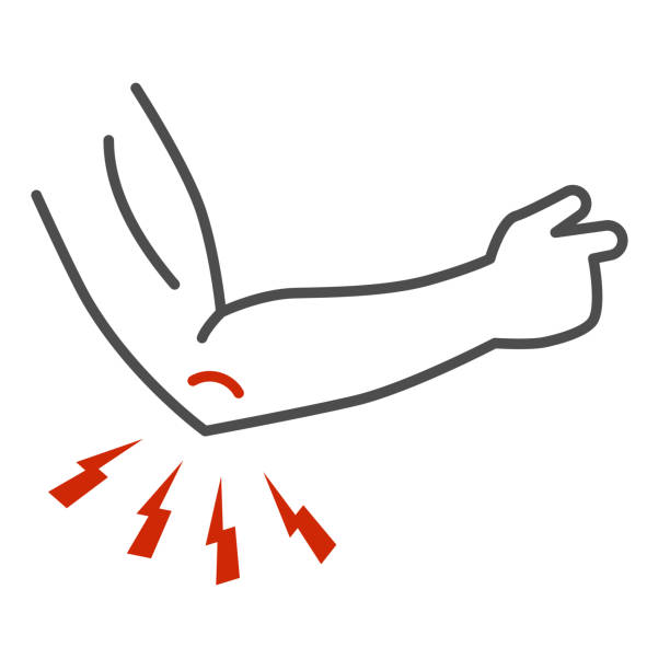 疼痛在肘部細線圖標,身體疼痛的概念,肘痛標誌在白色背景,手臂疼痛圖標在輪廓風格為移動概念和網頁設計。向量圖形。 - 臂 幅插畫檔、美工圖案、卡通及圖標