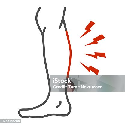 istock Shin hurts thin line icon, Body pain concept, Shin pain sign on white background, leg injured in shin area icon in outline style for mobile concept and web design. Vector graphics. 1253176255