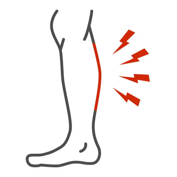 Vector illustration of Shin hurts thin line icon, Body pain concept, Shin pain sign on white background, leg injured in shin area icon in outline style for mobile concept and web design. Vector graphics.