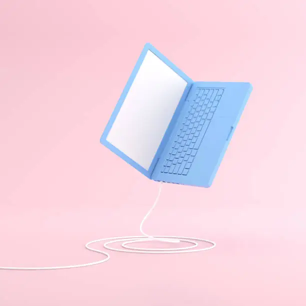 Photo of Mock up of floating laptop in minimal style. 3D render.