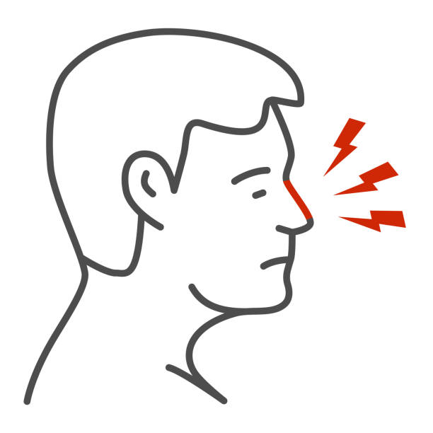 Nose hurts thin line icon, Body pain concept, human nose with lightning sign on white background, Nose ache icon in outline style for mobile concept and web design. Vector graphics. Nose hurts thin line icon, Body pain concept, human nose with lightning sign on white background, Nose ache icon in outline style for mobile concept and web design. Vector graphics bloody nose stock illustrations
