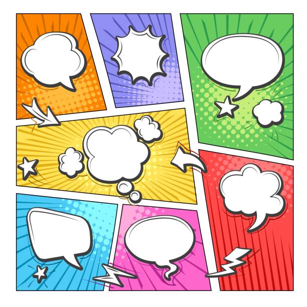 Comic book bubbles layout Comic book bubbles layout. Colorful cartoon comics frames for scenes and words, comical art online dialog layout in bubble, vector illustrations of retro scrapbook fun talk labels colorful page borders stock illustrations