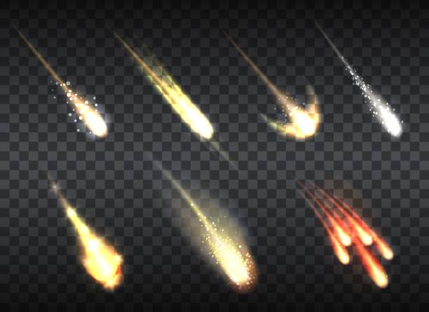 Falling comets set on transparent Falling comets set. Realistic universe objects, glowing sparkles of meteor, asteroid and comet, shooting star lights in cosmic space on transparent background comet stock illustrations