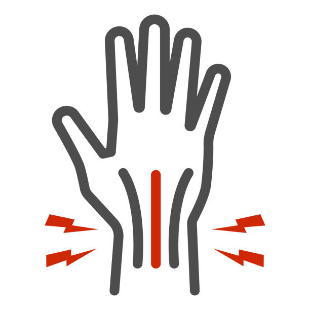 illustrations, cliparts, dessins animés et icônes de douleur dans l’icône de la ligne de la main, concept de douleur corporelle, blessure dans le signe articulaire de la main sur le fond blanc, douleur à la main et au poignet humains causée par l’icône de l’arthrite dans le style de contour pour mo - partie du corps humain