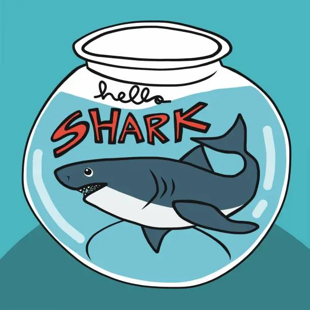 Vector illustration of Hello shark in glass bowl cartoon vector illustration