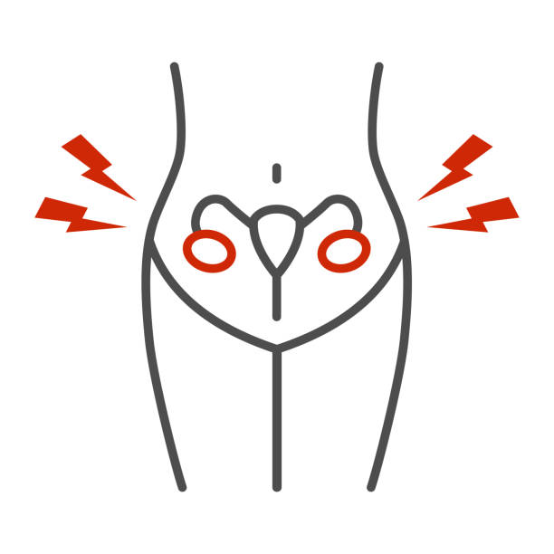 Menstrual cramps pain thin line icon, Healthcare concept, ovarian inflammation sign on white background, Diseases of female reproductive system icon in outline style for mobile. Vector graphics. Menstrual cramps pain thin line icon, Healthcare concept, ovarian inflammation sign on white background, Diseases of female reproductive system icon in outline style for mobile. Vector graphics pain symbols stock illustrations