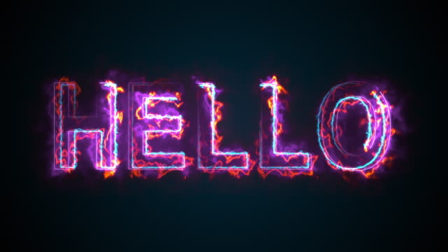 The phrase Hello, computer generated. Burning inscription. Capital letters. 3d rendering welcome background