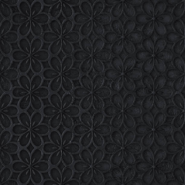 istock Black metal seamless texture with a flowers relief pattern on background, 3d illustration 1253183234