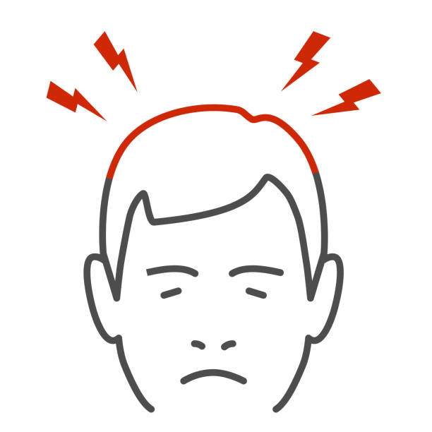 Headache thin line icon, Body pain concept, Lightnings above mans head sign on white background, person man with headache symptoms icon in outline style for mobile and web. Vector graphics. Headache thin line icon, Body pain concept, Lightnings above mans head sign on white background, person man with headache symptoms icon in outline style for mobile and web. Vector graphics headache stock illustrations