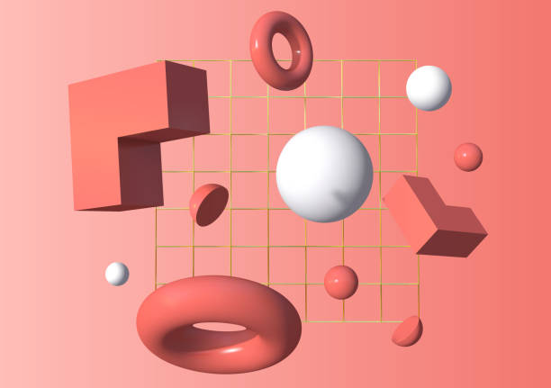 3d формы, летящие перед золотой сеткой на розовом фоне. иллюстрация вектора - donut shape stock illustrations