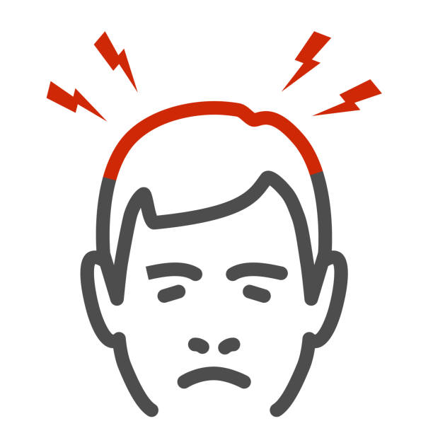 두통 라인 아이콘, 신체 통증 개념, 흰색 배경에 남자 머리 기호 위의 번개, 모바일 및 웹에 대한 윤곽 스타일에서 두통 증상 아이콘을 가진 사람 남자. 벡터 그래픽. - screw human head bolt isolated stock illustrations