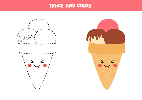 Trace And Color Cute Kawaii Ice Cream Coloring Page For Kids Stock  Illustration - Download Image Now - iStock