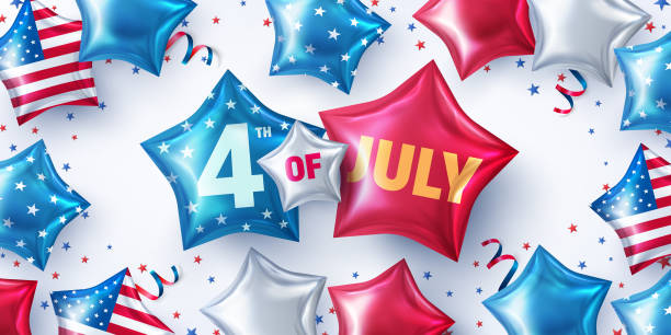 4. juli party poster oder banner.usa unabhängigkeitstag feier mit american stars shaped balloons.4th of july promotion werbebanner vorlage oder usa party decorations und broschüren. - hot air balloon party political party greeting stock-grafiken, -clipart, -cartoons und -symbole