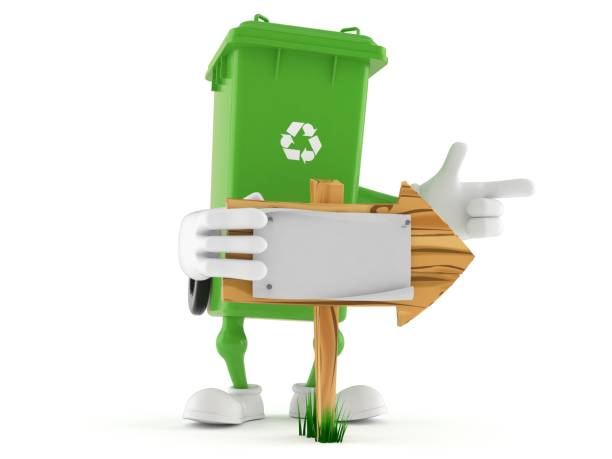 istock Dustbin character with wooden arrow sign 1253186699
