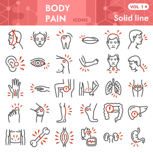 ilustraciones, imágenes clip art, dibujos animados e iconos de stock de conjunto de iconos de línea de dolor corporal, colección de símbolos de cuerpo humano dolor en cuerpo humano o bocetos. señales de estilo lineal de partes de cuerpo masculinos para web y aplicación. - physical injury