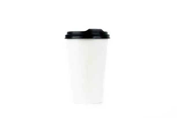 A row of paper coffee cups on a white background.Glasses for coffee and tea of different sizes isolated on white background. Hot coffee, starbucks