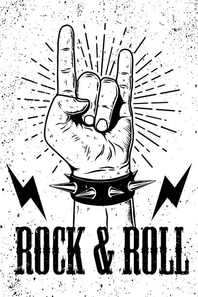 Rock and roll poster template. hand with rock and roll sign on grunge background. Design element for emblem, card,banner, t-shirt. Vector illustration Rock and roll poster template. hand with rock and roll sign on grunge background. Design element for emblem, card,banner, t-shirt. Vector illustration hardcore music style stock illustrations