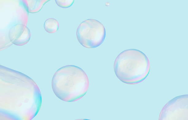 Abstract 3d art with holographic floating liquid blobs, soap bubbles, metaballs.