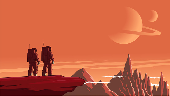 A retro cartoon style vector illustration of a couple of astronaut standing on an alien planet with other planets and mountain range in the background. Wide space available for your copy.