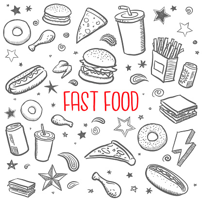 doodle sketch vector illustrations of various fast food items