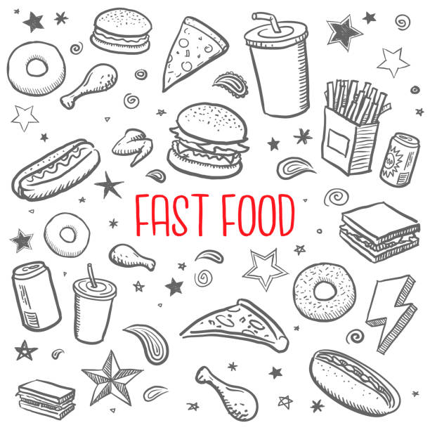 fast food drawings doodle sketch vector illustrations of various fast food items fast food stock illustrations