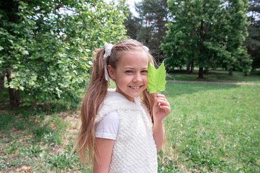 little girl with tails in green forest, in the park. The child smiles and holds a leaf. Portrait.