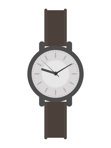 ilustraciones, imágenes clip art, dibujos animados e iconos de stock de reloj de pulsera con esfera blanca y correa marrón. reloj de pulsera en un estilo plano. - clock hand leather minute hand white background