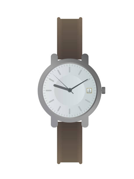 ilustraciones, imágenes clip art, dibujos animados e iconos de stock de reloj de pulsera con esfera blanca y correa marrón. reloj de pulsera en un estilo realista. - clock hand leather minute hand white background