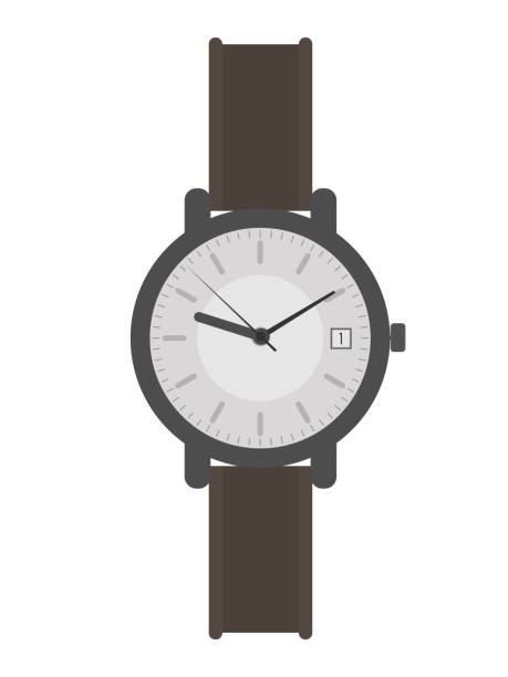 ilustraciones, imágenes clip art, dibujos animados e iconos de stock de reloj de pulsera con esfera blanca y correa marrón. reloj de pulsera en un estilo plano. - clock hand leather minute hand white background