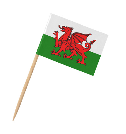 Small paper flag of Wales on wooden stick, isolated on white