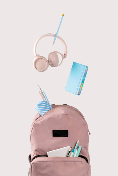 Office supplies stationery levitate over white table