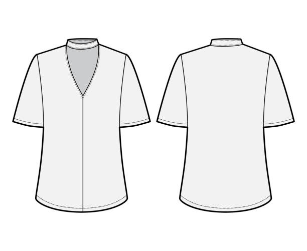 istock Blouse technical fashion illustration with short bell sleeves, cuff, oversized body, snap fastening choker at the neck 1253195828