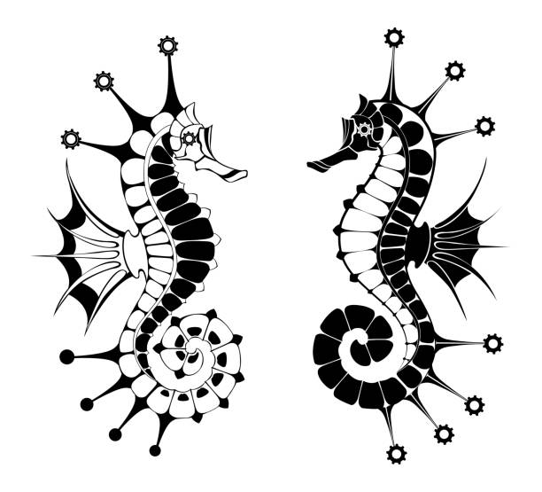 ilustraciones, imágenes clip art, dibujos animados e iconos de stock de contour steampunk seahorse - blue glass illustrations