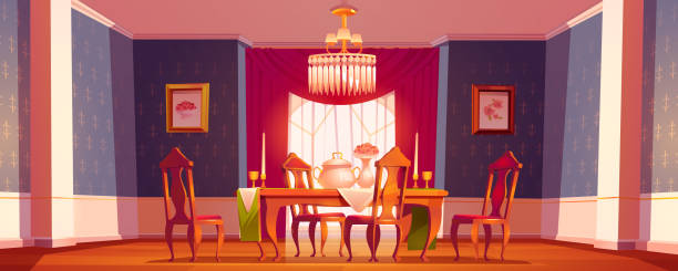 esszimmer-interieur im klassischen viktorianischen stil - domestic room palace chandelier nobility stock-grafiken, -clipart, -cartoons und -symbole