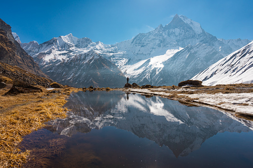 Reflection of Machapuchare or Fish tail mountain peak view from Annapurna base camp trekking route. A sacred peak in Annapurna range. Himalaya mountains range in Pokhara city, Nepal, Asia