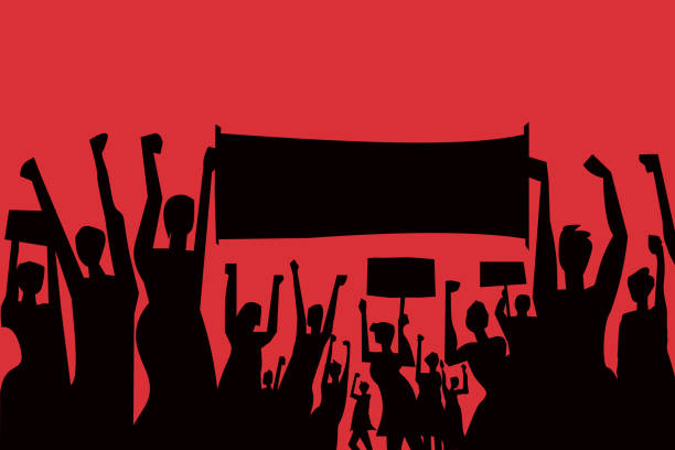 ilustraciones, imágenes clip art, dibujos animados e iconos de stock de silueta de manifestantes animadores con pancarta y pancartas - placard holding celebration women