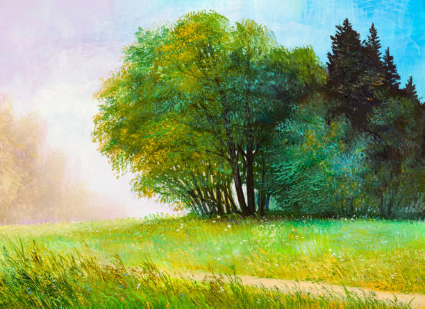 istock Oil painting landscape. Morning landscape with trees. 1253201054