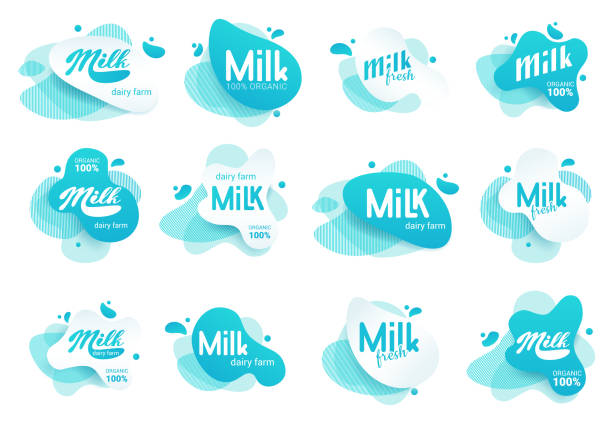 Milk badge and dairy labels with splashes and bolts. Milk badge with drop and splash for labels of package. Liquid amoeba shapes vector art illustration