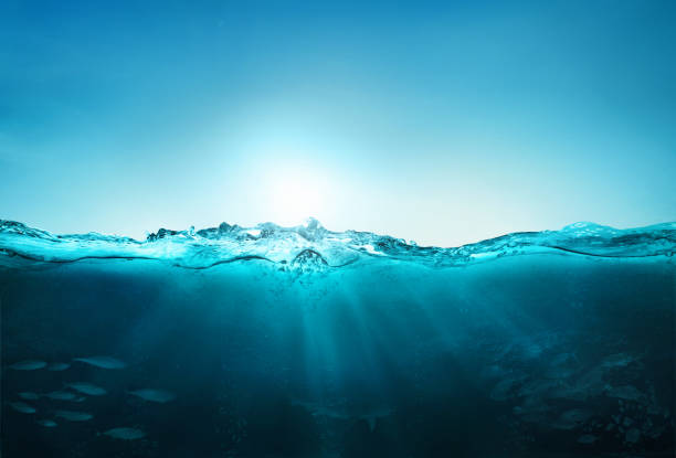 océano azul ondas bajo el agua con rayo de sol vista clara realista, bandera del día de los océanos del mundo - triángulo de las bermudas fotografías e imágenes de stock