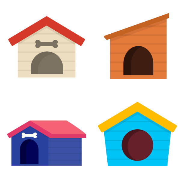 ilustraciones, imágenes clip art, dibujos animados e iconos de stock de doghouse plana, icono de perro de la casa de madera, ilustración vectorial aislada sobre fondo blanco - caseta de perro