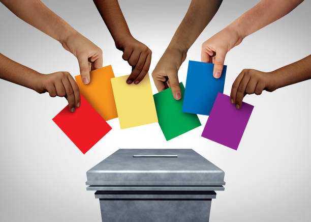 LGBT Community Vote LGBT community vote and gay rights pride voting or sexuality diversity concept and diverse hands casting ballots at a polling station as a democratic right in a democracy with 3D illustration elements. nomination stock pictures, royalty-free photos & images