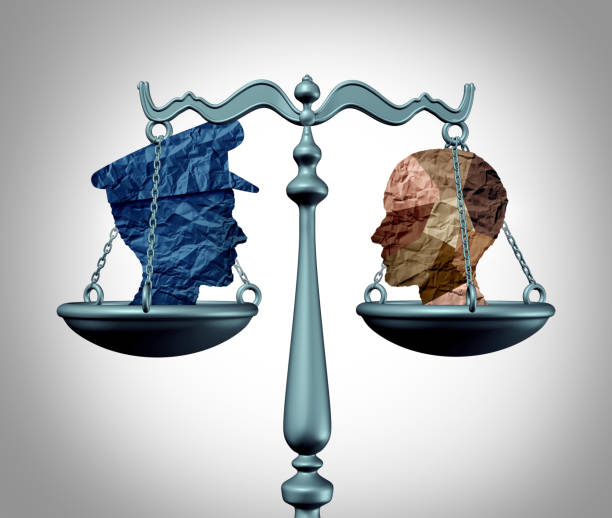 Policing Justice Policing justice and law enforcement as a scale or balance with a community or diverse society symbol representing social safety with 3D illustration elements. criminal justice stock pictures, royalty-free photos & images