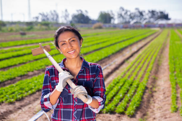 istock Smiling Latina standing on farm field with hoe 1253214938