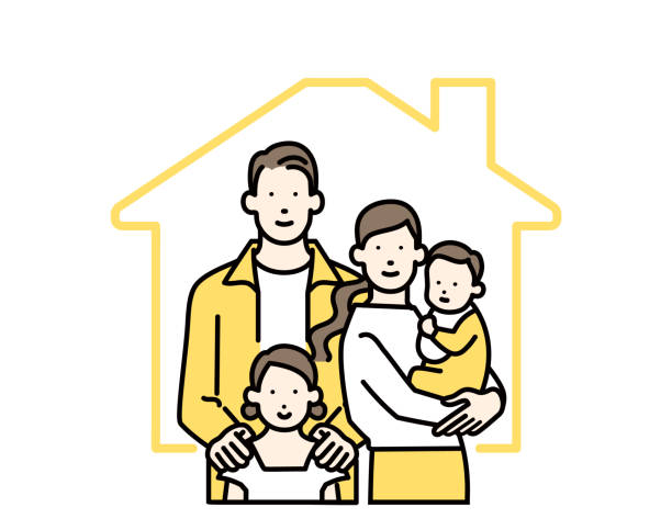 house family parents and kids at house. family home stock illustrations
